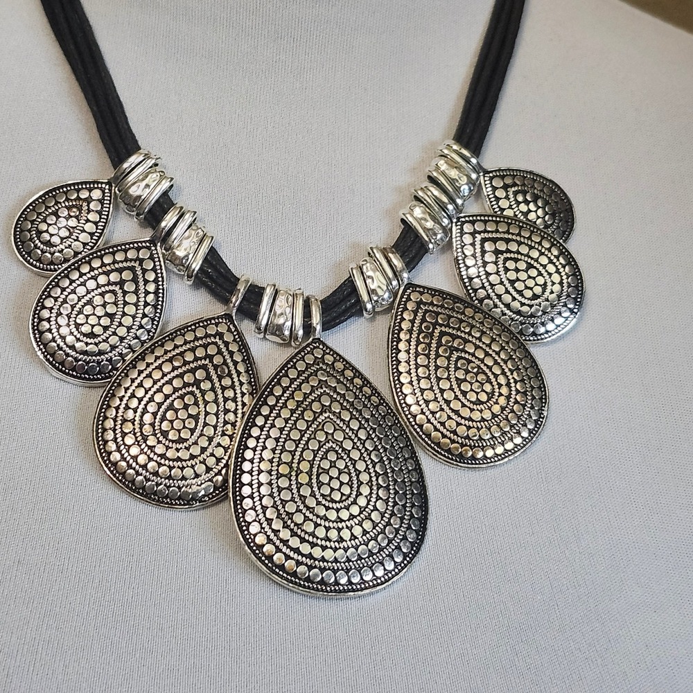 St. Thomas Necklace‎ Silver Teardrop Pendant Black Cord Bohemian Boho Jewelry